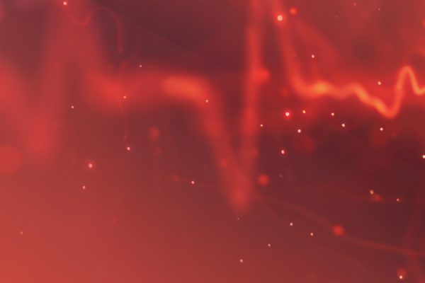 Abstraktes rot-leuchtendes Muster mit Kurven und helle Punkten auf dunklem Hintergrund.