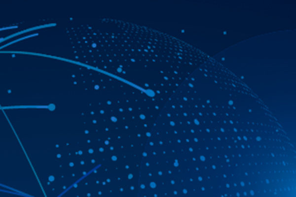 Abstrakte Grafik eines globusförmigen Netzes mit blauen Linien und Punkten auf dunkelblauem Hintergrund.