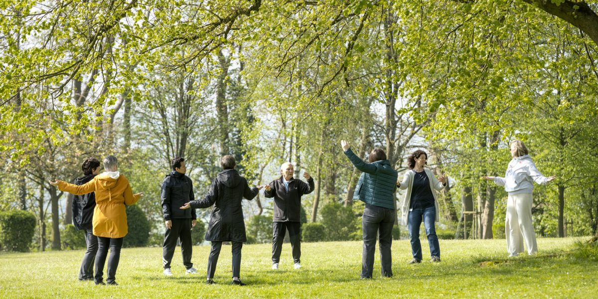 Menschen in Freizeitkleidung stehen im Kreis auf einer Wiese in einem grünen Park, die Arme erhoben und entspannt.