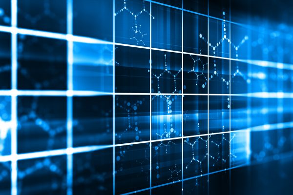 Abstraktes, blaues Gitterdesign mit molekularen Strukturen auf transparentem Hintergrund, wirkt technologisch und futuristisch.