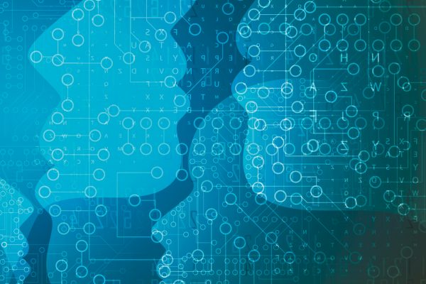 Silhouetten von Köpfen mit digitalen Schaltkreismustern, verbunden durch Linien und Kreise, symbolisieren Technologie.