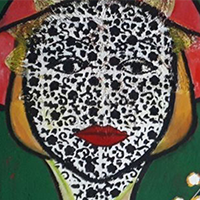 Abstraktes Porträt mit gepunktetem Gesichtsmuster, rotem Hut und Lippen, auf grünem Hintergrund.