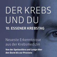 Textgrafik zum 10. Essener Krebstag, thematisiert neueste Erkenntnisse aus der Krebsmedizin. Halbporträt eines Gesichts.