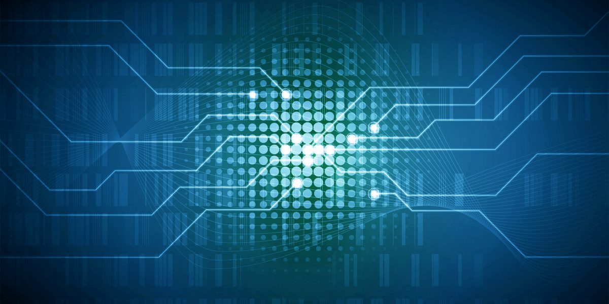 Abstraktes technologisches Motiv mit blauen Schaltkreisen und leuchtenden Punkten auf dunklem Hintergrund.