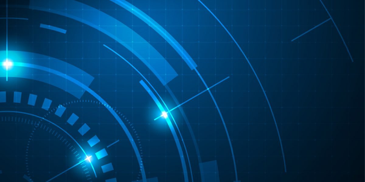 Abstraktes, futuristisches, blaues Hintergrunddesign mit Kreisen und leuchtenden, digitalen Elementen auf rasterartigem Muster.