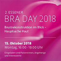 Plakat für den 2. Essener BRA Day 2018, Thema Brustrekonstruktion, am 15. Oktober, 16:00-19:00 Uhr.
