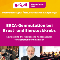 Banner zur BRCA Infotour 2018 über Genmutationen bei Brust- und Eierstockkrebs, mit Bildern von Menschen und Vorträgen.