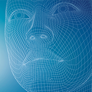 Drahtmodell eines menschlichen Gesichts auf blauem Hintergrund, zeigt Gitterlinien und Gesichtszüge in 3D-Darstellung.