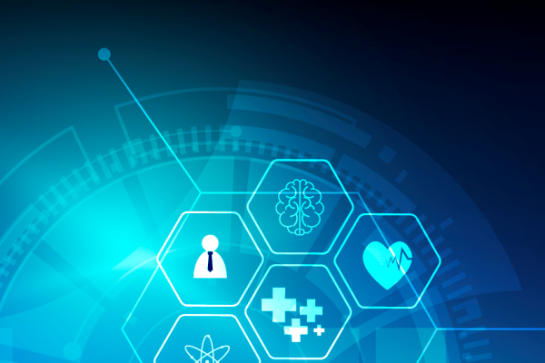 Technologisches Design mit Hexagon-Symbolen für Medizin, Gehirn und Herz auf blauem Hintergrund.