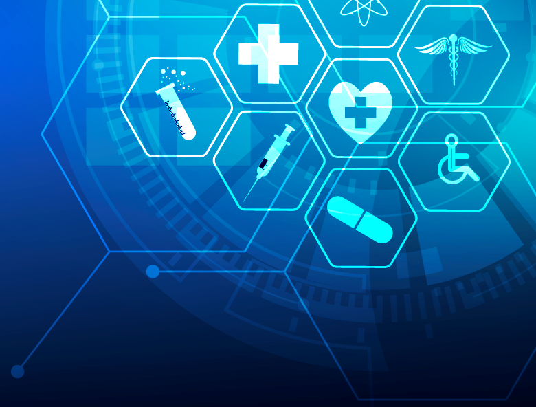 Hexagonale Symbole auf blauem Hintergrund repräsentieren medizinische Themen wie Kreuz, Herz, Spritze und Krankensymbol.