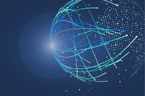 Abstrakte Darstellung einer digitalen Weltkugel mit blauen Linien und Punkten auf dunkelblauem Hintergrund.