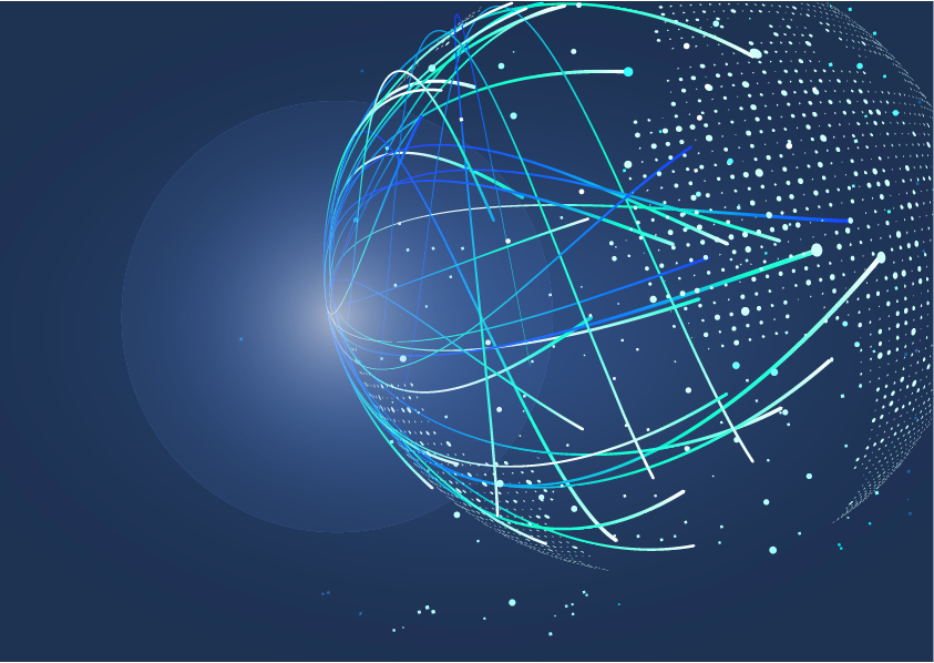 Abstrakte Darstellung einer digitalen Weltkugel mit blauen Linien und Punkten auf dunkelblauem Hintergrund.
