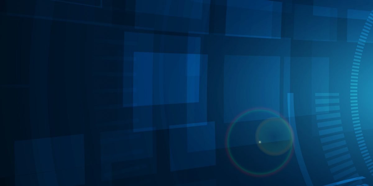 Abstrakter blauer Hintergrund mit geometrischen Formen, Pixeln und kreisförmigen Mustern. Futuristisches Design.