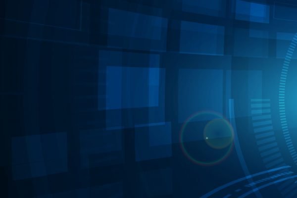 Abstrakter blauer Hintergrund mit geometrischen Formen, Pixeln und kreisförmigen Mustern. Futuristisches Design.