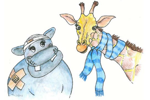 Ein gezeichnetes Nilpferd mit Pflastern und eine Giraffe mit blauem Schal. Beide schauen ausdrucksvoll.