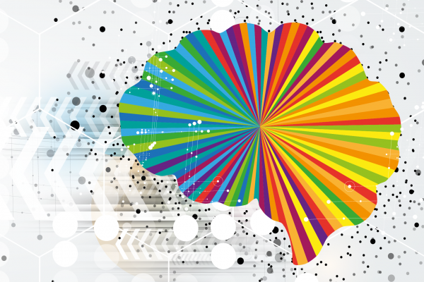Abstraktes Gehirn aus bunten Streifen mit digitalem, futuristischem Hintergrund in Schwarz-Weiß.