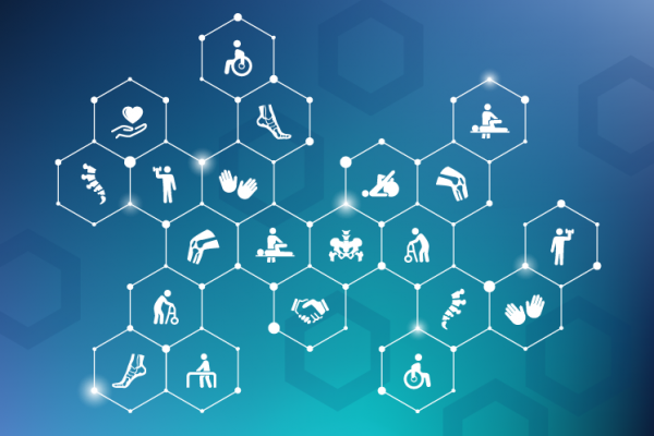 Weißes Piktogrammnetz auf blauem Hintergrund zeigt Symbole für Gesundheit, Rehabilitation und Physiotherapie.