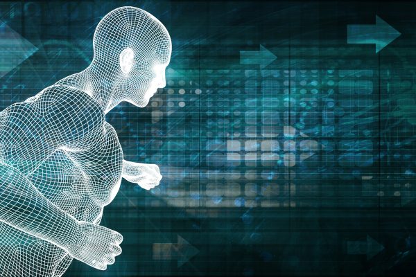 Drahtgitter-Modell eines laufenden Menschen vor digitalem, blauem Hintergrund mit Pfeilen und Datenstrukturen.