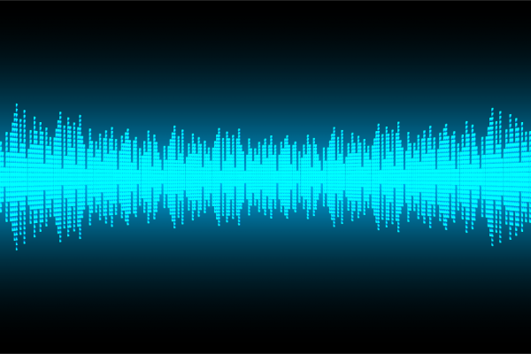 Blaue, leuchtende Soundwelle mit symmetrischer Reflexion auf schwarzem Hintergrund.