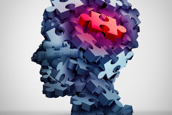 Profil eines Kopfes aus Puzzle-Teilen, überwiegend blau, mit einem roten Teil im Gehirnbereich, symbolisiert mentale Komplexität.