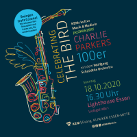 Plakat für Charlie Parker Konzert am 18.10.2020 im Lighthouse Essen, mit bunt gezeichnetem Saxophon.