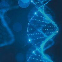 Illustration einer blauen DNA-Helix auf dunklem Hintergrund mit leuchtenden Punkten.