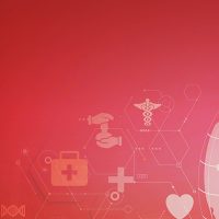 Rote Grafik mit Globus, medizinischen Symbolen und Kreuz, die Gesundheit und globale Vernetzung darstellt.