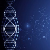 Abstrakte blaue DNA-Helix links, umgeben von Molekülstrukturen und Punkten auf einem dunklen Hintergrund.