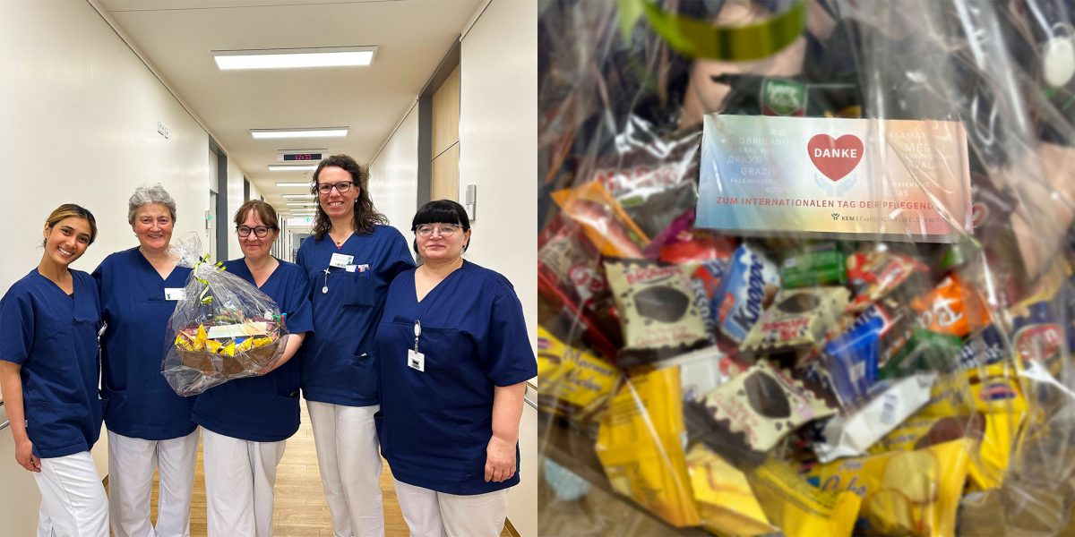 Fünf Pflegekräfte in blauer Uniform mit Geschenkkorb; Schild mit 