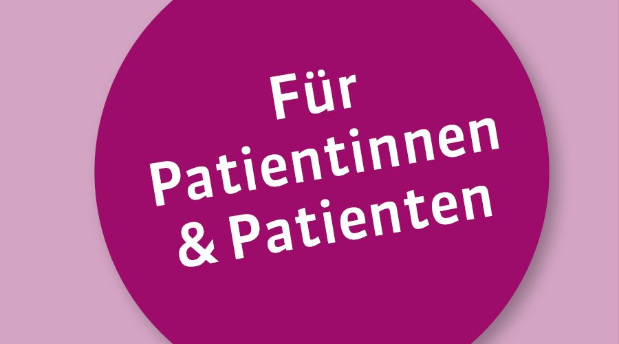 Lila Kreis mit weißem Text: "Für Patientinnen & Patienten" auf helllila Hintergrund.