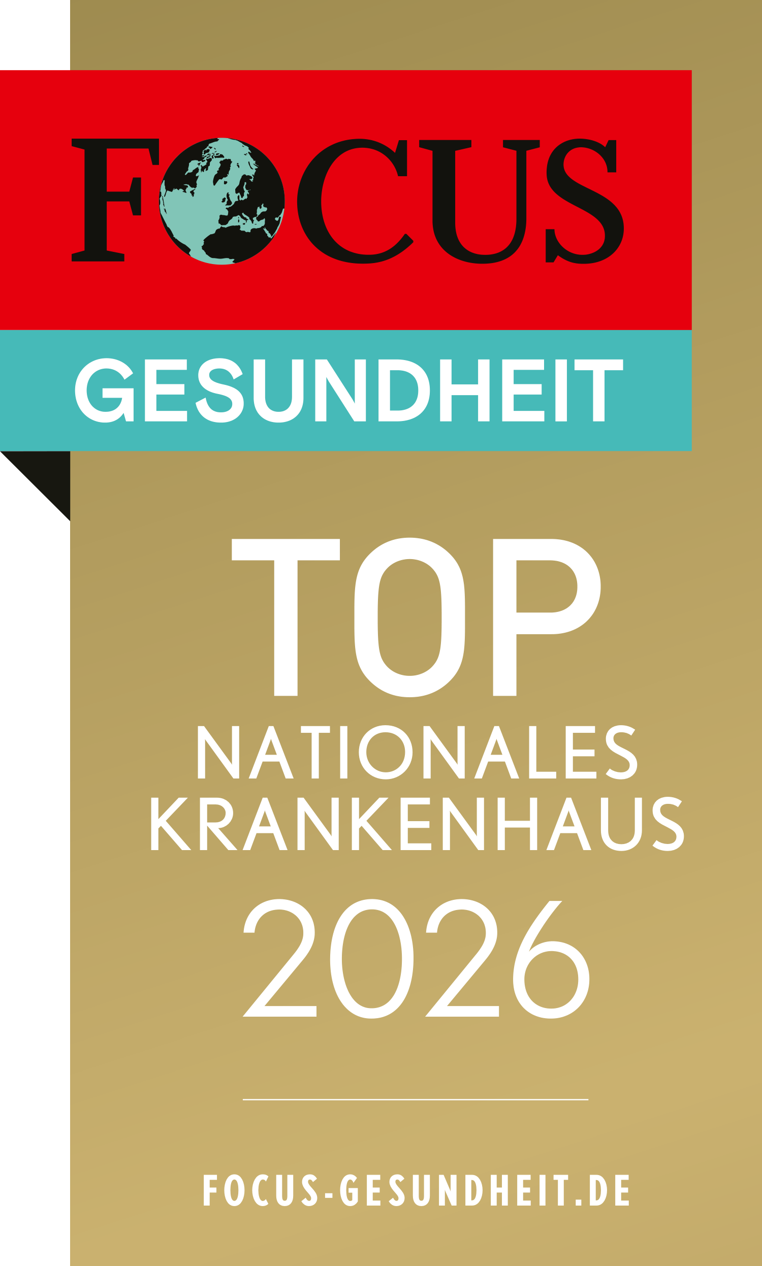 Auszeichnung „Top Nationales Krankenhaus 2025“ von Focus Gesundheit auf goldenem Hintergrund.