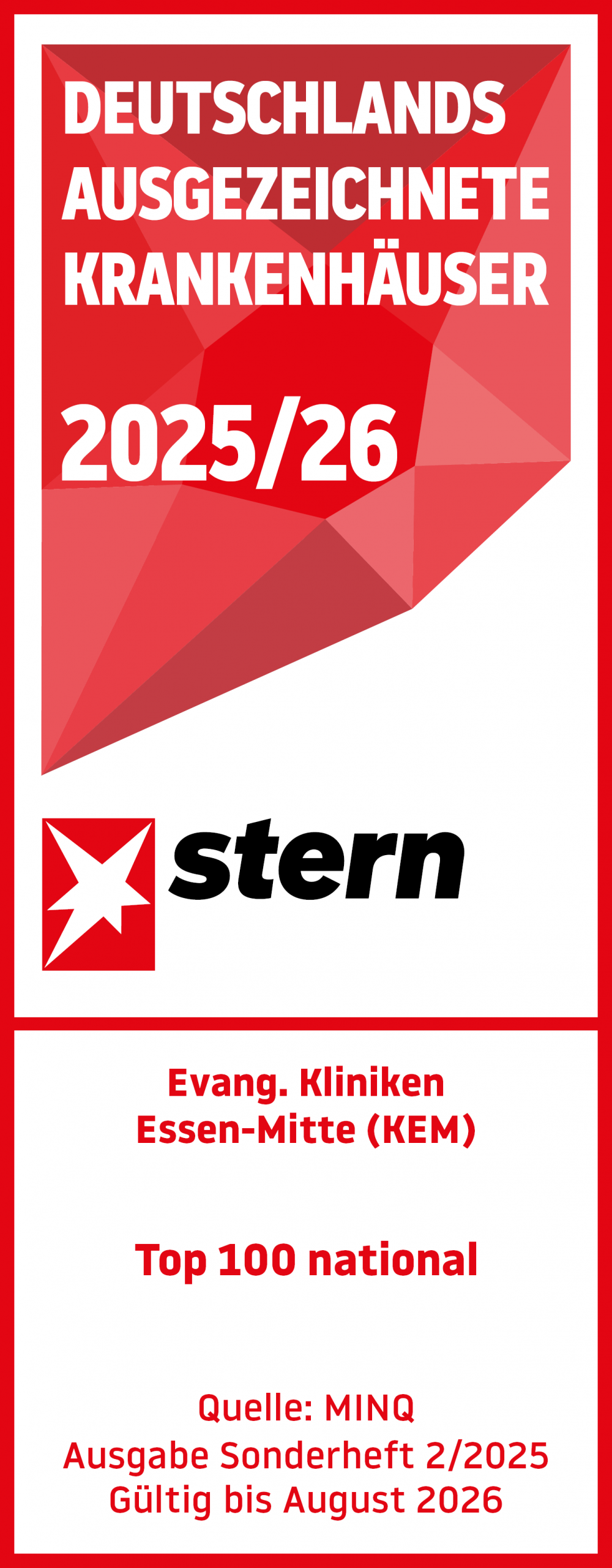 Stern-Siegel 2024/25: Evangelische Kliniken Essen-Mitte als Top 100 national ausgezeichnete Krankenhäuser.