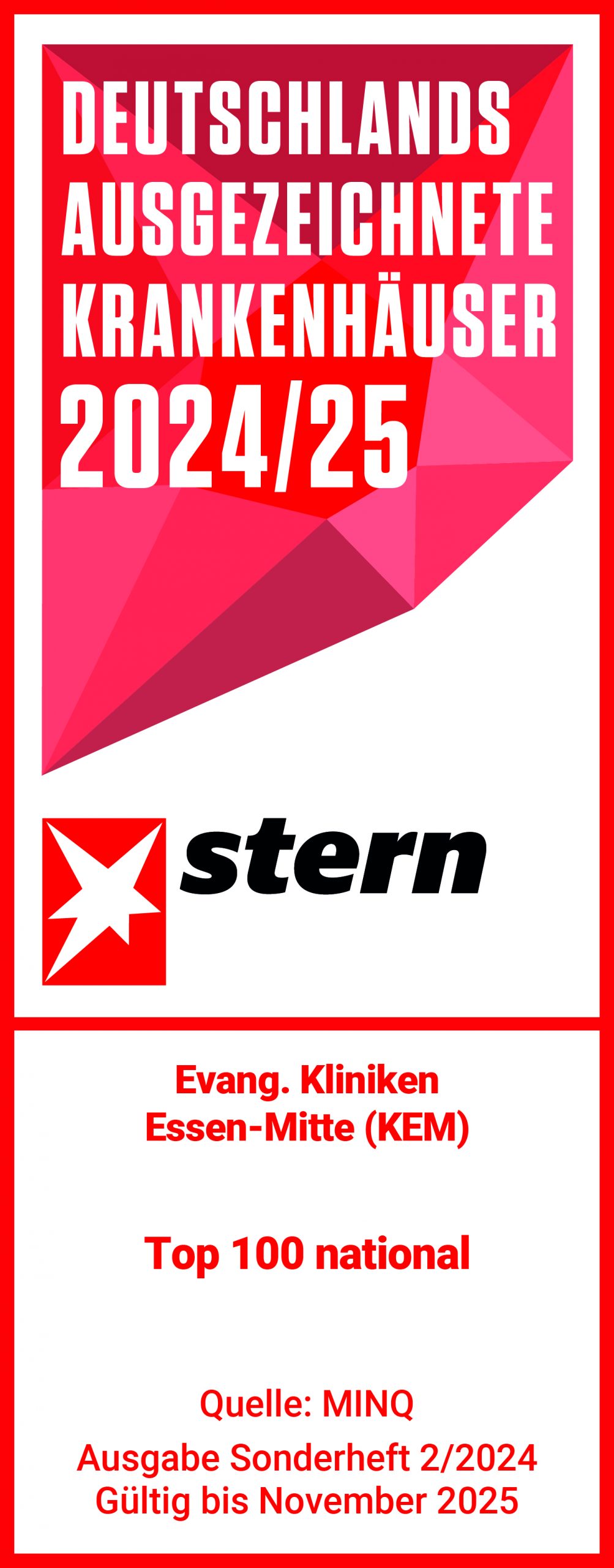Stern-Siegel 2024/25: Evangelische Kliniken Essen-Mitte als Top 100 national ausgezeichnete Krankenhäuser.