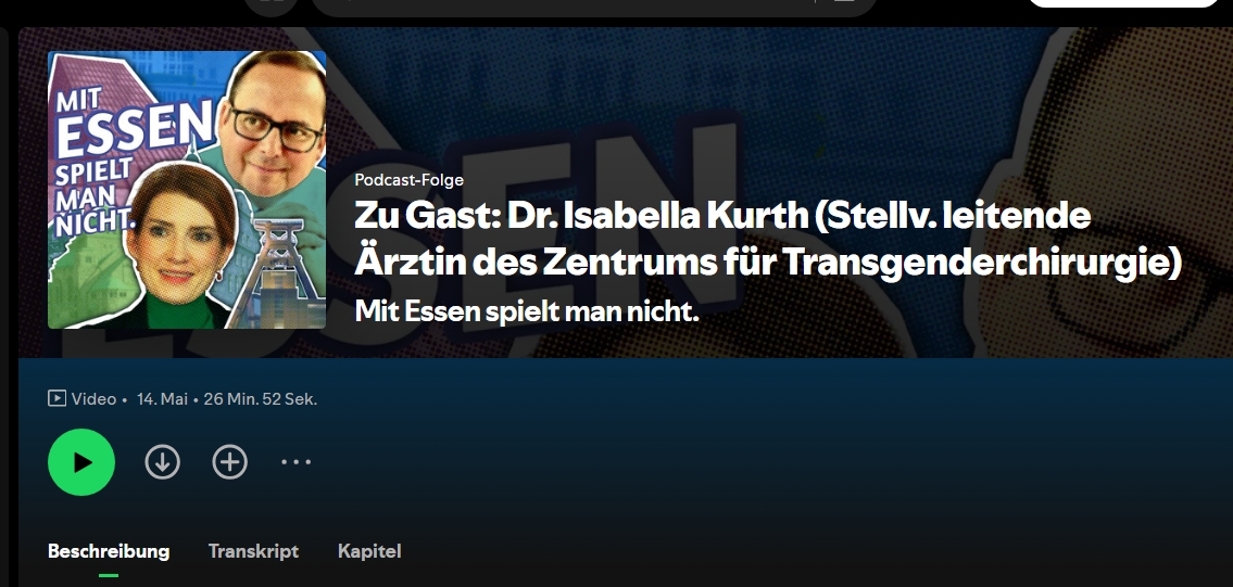 Podcast-Ankündigung mit Titel "Mit Essen spielt man nicht" und Gast Dr. Isabella Kurth über Transgenderchirurgie.